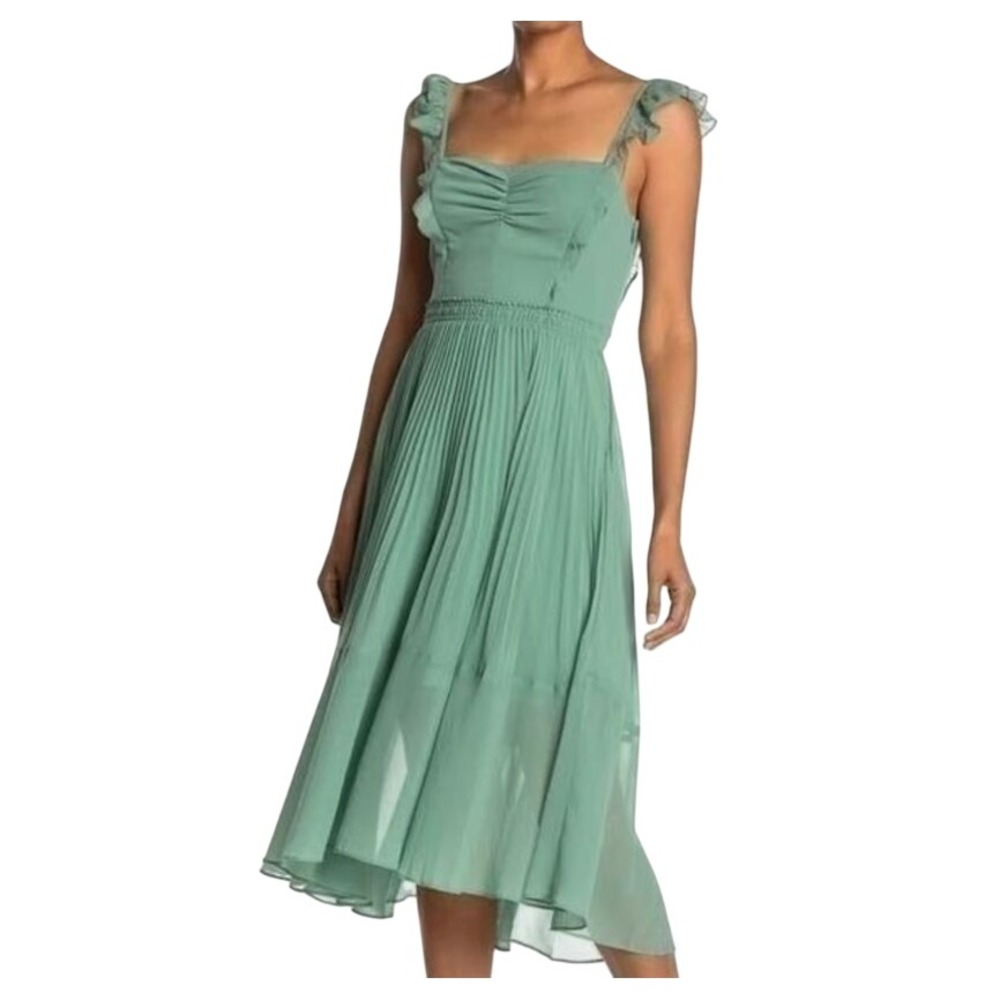 Club Monaco Dress Women 12 Green Pleated Flounce Ruffle Strap Midi Wedding Guest